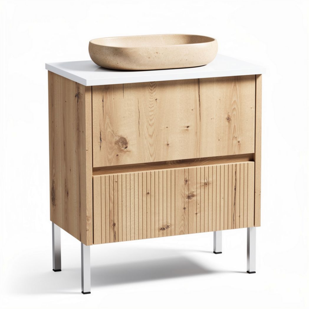 Mobile lavabo in legno con ripiano bianco e vasca in pietra 60 x 40 x 80cm