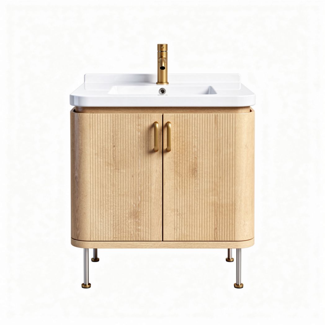 Mobiletto da bagno in legno con lavabo bianco 60 x 45 x 85cm finiture dorate