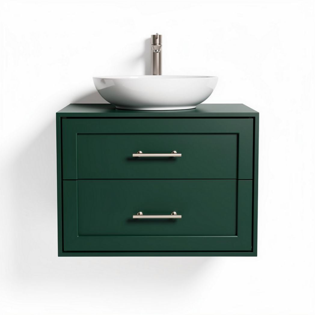Mobile lavabo sospeso verde con due cassetti e piano in ceramica 60 x 45 x 25cm
