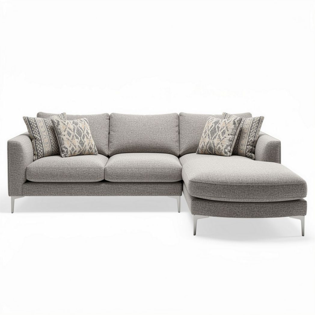 Divano angolare in tessuto grigio con cuscini decorativi 220 x 90 x 85cm